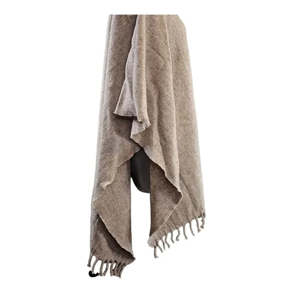 Vintage Wool Poncho Fringe Brown Tan Blanket Ruana Cape 42 × 32&quot;