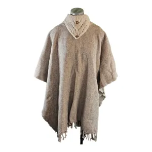 Vintage Wool Poncho Fringe Brown Tan Blanket Ruana Cape 42 × 32&quot;
