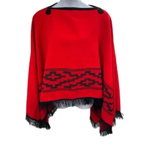 Vintage Red &amp; Black Fringed Poncho Shawl Wrap Southwestern Boho Cape One Size