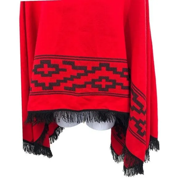 Vintage Red &amp; Black Fringed Poncho Shawl Wrap Southwestern Boho Cape One Size