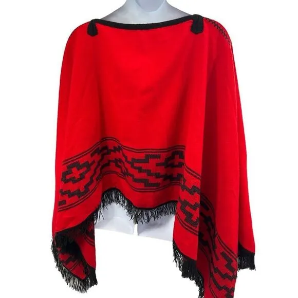 Vintage Red &amp; Black Fringed Poncho Shawl Wrap Southwestern Boho Cape One Size