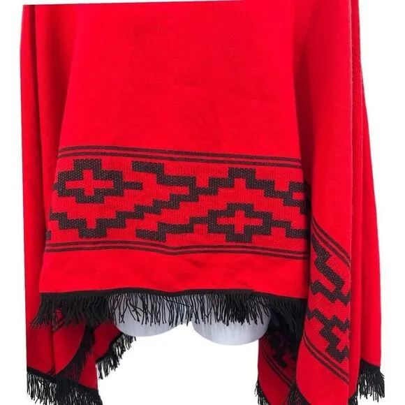 Vintage Red &amp; Black Fringed Poncho Shawl Wrap Southwestern Boho Cape One Size