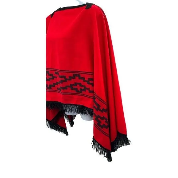 Vintage Red &amp; Black Fringed Poncho Shawl Wrap Southwestern Boho Cape One Size