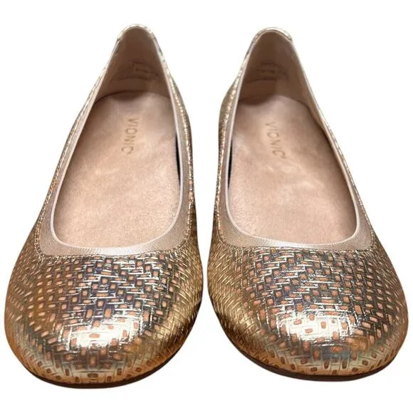 VIONIC Anita Women Sz 8.5 Gold Champagne Ballet Flat Shoes Arch Support Comfort