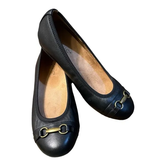Vionic Delaney Black Leather Ballet Flat Size 7