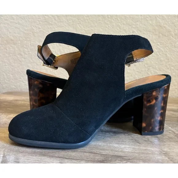 Vionic Lacey Tortoise Open Heel Black Suede Leather Shoes