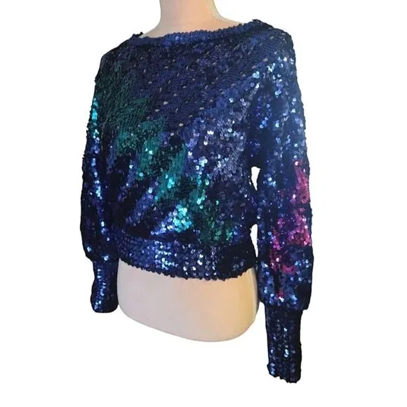Vntg 70s Harry Acton Blue Colorful Disco Era Sequins Sweater *Fits like Sm/ Med