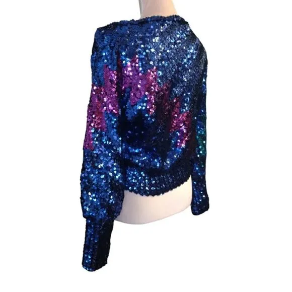 Vntg 70s Harry Acton Blue Colorful Disco Era Sequins Sweater *Fits like Sm/ Med