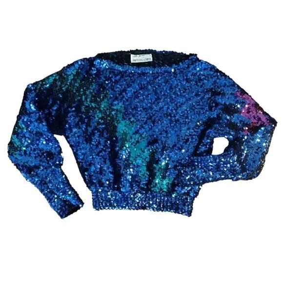 Vntg 70s Harry Acton Blue Colorful Disco Era Sequins Sweater *Fits like Sm/ Med