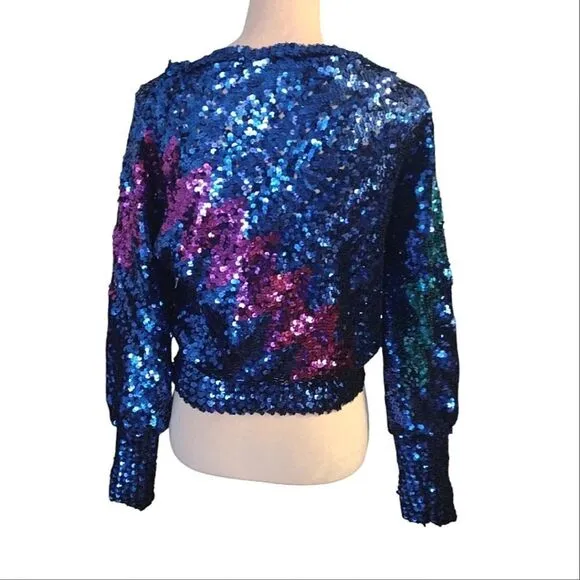 Vntg 70s Harry Acton Blue Colorful Disco Era Sequins Sweater *Fits like Sm/ Med
