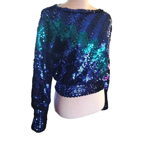 Vntg 70s Harry Acton Blue Colorful Disco Era Sequins Sweater *Fits like Sm/ Med