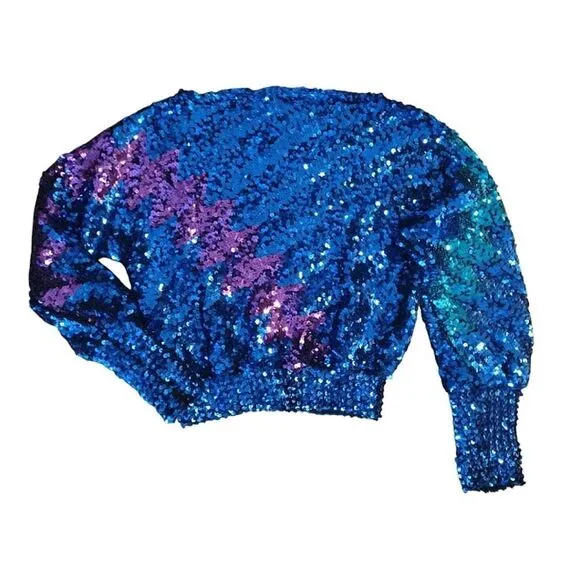 Vntg 70s Harry Acton Blue Colorful Disco Era Sequins Sweater *Fits like Sm/ Med