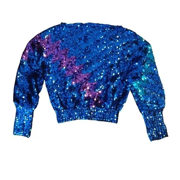 Vntg 70s Harry Acton Blue Colorful Disco Era Sequins Sweater *Fits like Sm/ Med