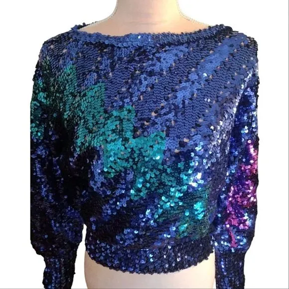 Vntg 70s Harry Acton Blue Colorful Disco Era Sequins Sweater *Fits like Sm/ Med