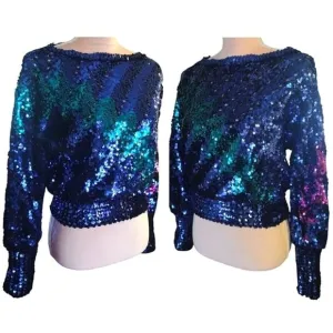 Vntg 70s Harry Acton Blue Colorful Disco Era Sequins Sweater *Fits like Sm/ Med
