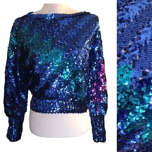 Vntg 70s Harry Acton Blue Colorful Disco Era Sequins Sweater *Fits like Sm/ Med