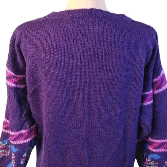 Vntg 80s Carducci Purple Pink Floral Acrylic Knit Crewneck Sweater Large