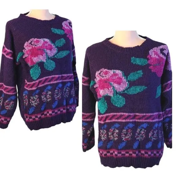 Vntg 80s Carducci Purple Pink Floral Acrylic Knit Crewneck Sweater Large