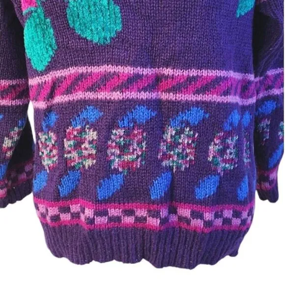 Vntg 80s Carducci Purple Pink Floral Acrylic Knit Crewneck Sweater Large