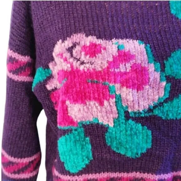Vntg 80s Carducci Purple Pink Floral Acrylic Knit Crewneck Sweater Large
