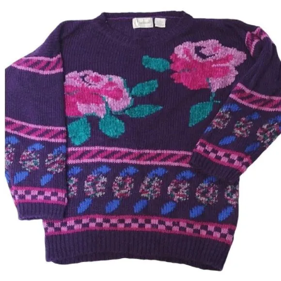 Vntg 80s Carducci Purple Pink Floral Acrylic Knit Crewneck Sweater Large