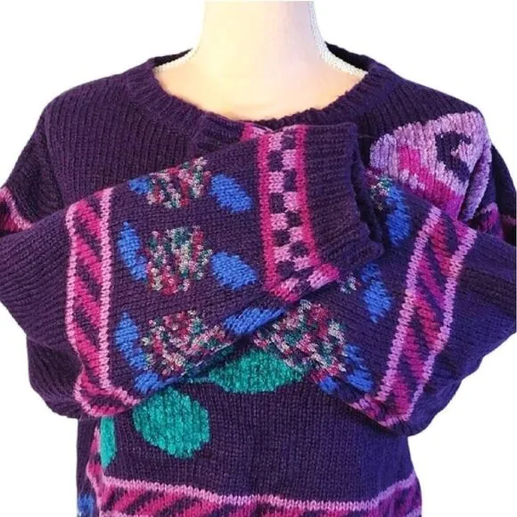 Vntg 80s Carducci Purple Pink Floral Acrylic Knit Crewneck Sweater Large