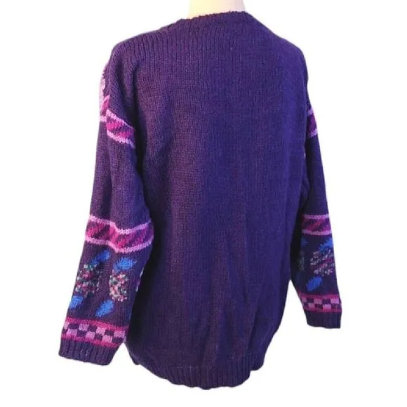 Vntg 80s Carducci Purple Pink Floral Acrylic Knit Crewneck Sweater Large