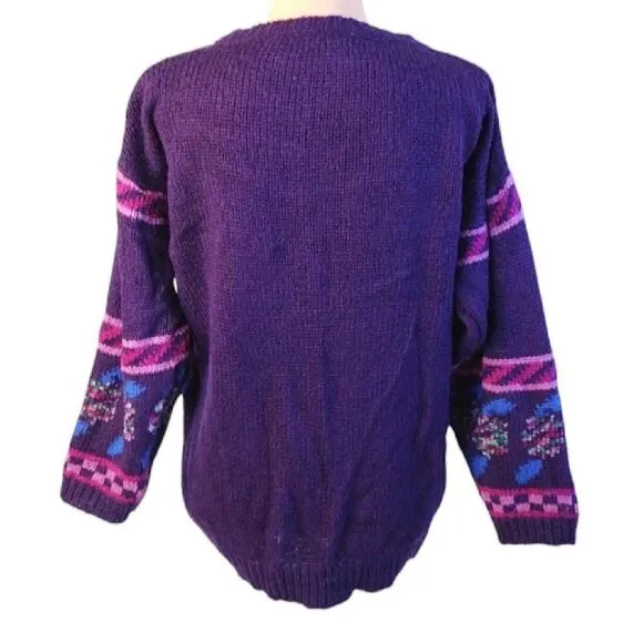 Vntg 80s Carducci Purple Pink Floral Acrylic Knit Crewneck Sweater Large