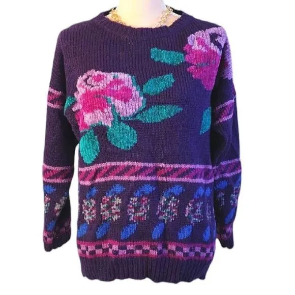 Vntg 80s Carducci Purple Pink Floral Acrylic Knit Crewneck Sweater Large