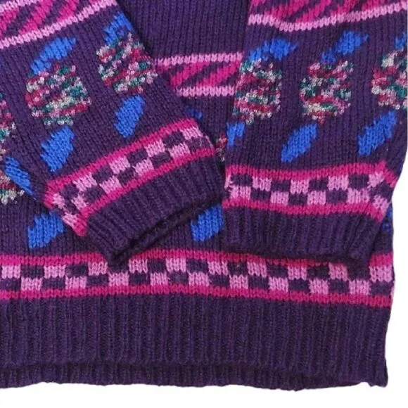 Vntg 80s Carducci Purple Pink Floral Acrylic Knit Crewneck Sweater Large