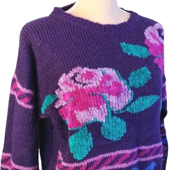 Vntg 80s Carducci Purple Pink Floral Acrylic Knit Crewneck Sweater Large