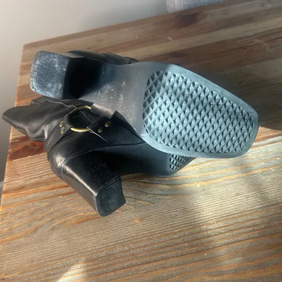 Vtg Aerosoles Black Leather Harness Moto Boots Square Toe Heel Size 5.5