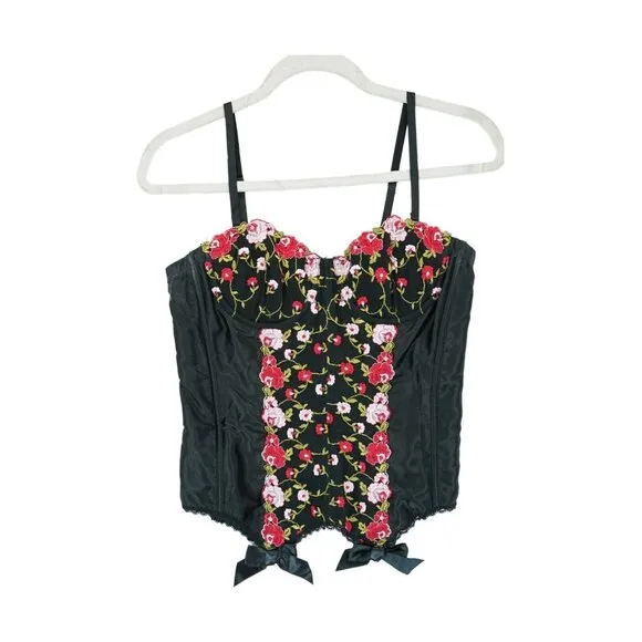 Vtg Fredericks Hollywood Longline Bustier Bra 28 Black Embroidered Goth Romantic