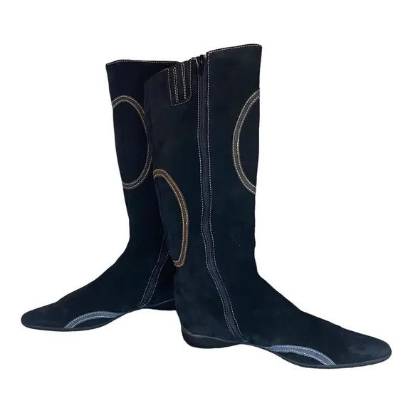 VTG Roberto Botticelli Black Suede Pointed Toe Blue /Brown Circle Stitched