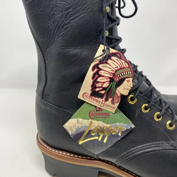 VTG USA Chippewa Black Logger Work Boots Mens Size 12D  10&quot; Unlined 25510