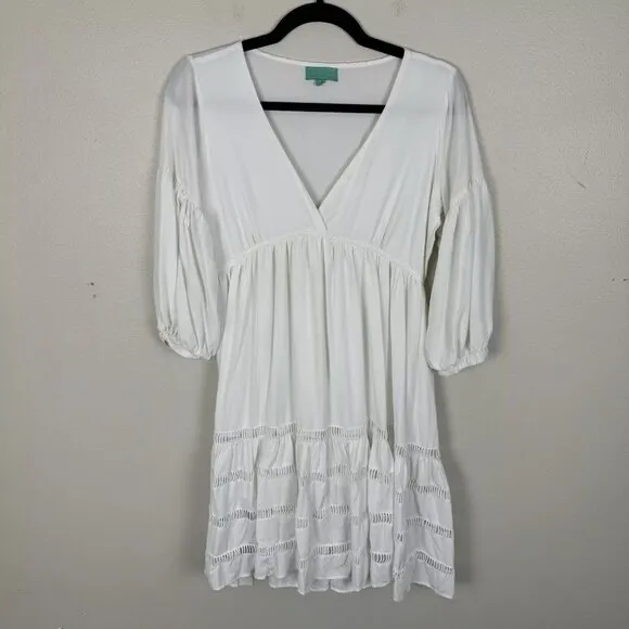Waimari White 3/4 Sleeve Tiered Mini Dress Size S Resort Casual Puff Sleeve
