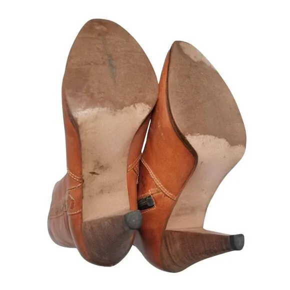 Western Cowgirl Brown Leather Pointy Toe Narrow Calf  Zip Up High Heel Boots 6.5