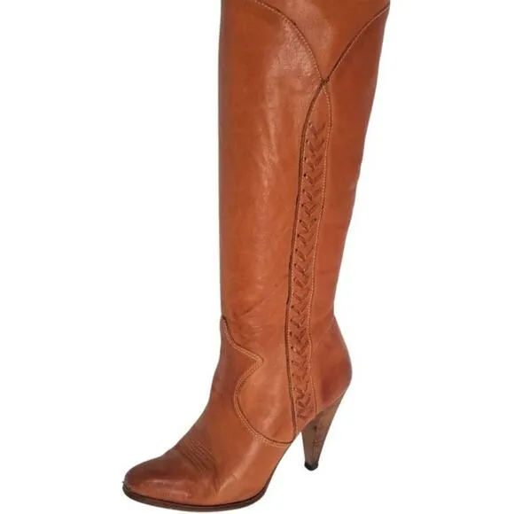Western Cowgirl Brown Leather Pointy Toe Narrow Calf  Zip Up High Heel Boots 6.5