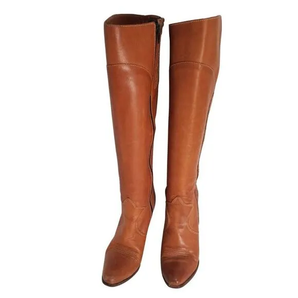 Western Cowgirl Brown Leather Pointy Toe Narrow Calf  Zip Up High Heel Boots 6.5