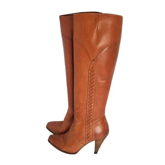 Western Cowgirl Brown Leather Pointy Toe Narrow Calf  Zip Up High Heel Boots 6.5