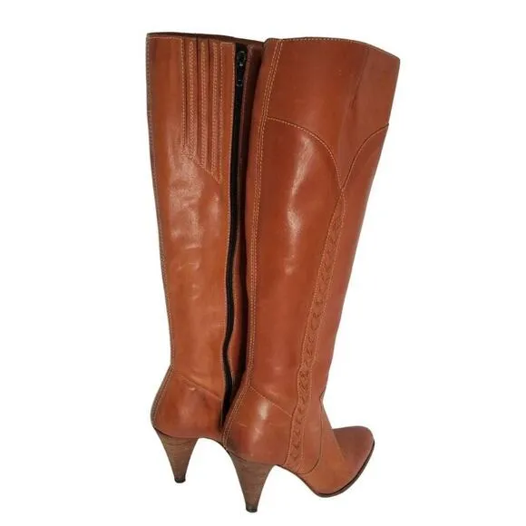 Western Cowgirl Brown Leather Pointy Toe Narrow Calf  Zip Up High Heel Boots 6.5