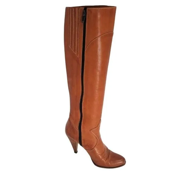 Western Cowgirl Brown Leather Pointy Toe Narrow Calf  Zip Up High Heel Boots 6.5