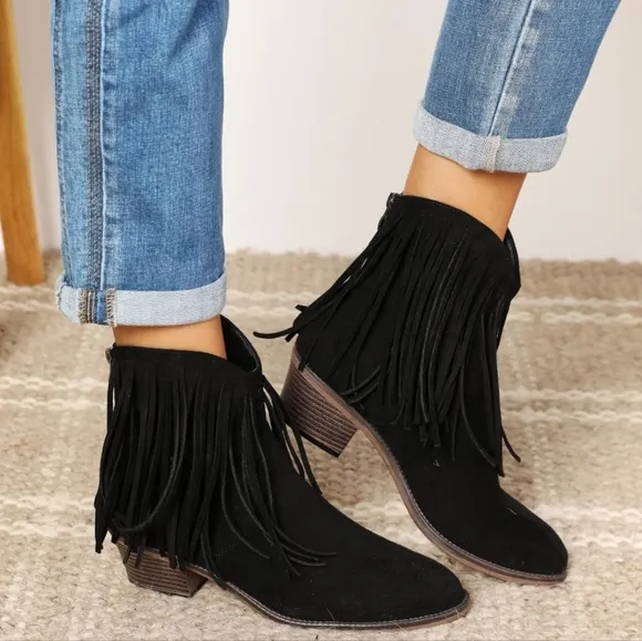 Western Fusion Fringe Ankle Boots - Black