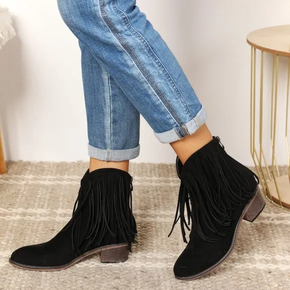 Western Fusion Fringe Ankle Boots - Black