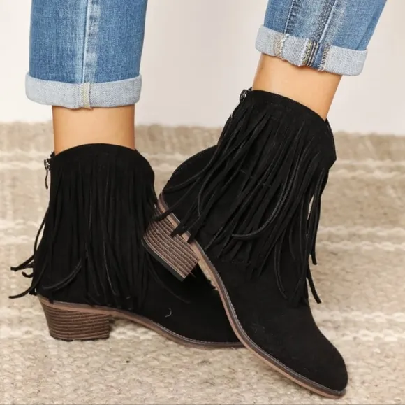 Western Fusion Fringe Ankle Boots - Black