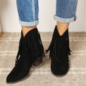 Western Fusion Fringe Ankle Boots - Black