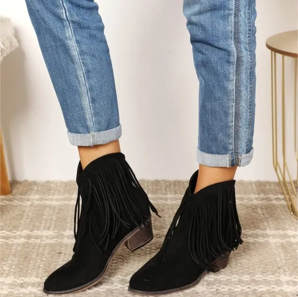 Western Fusion Fringe Ankle Boots - Black