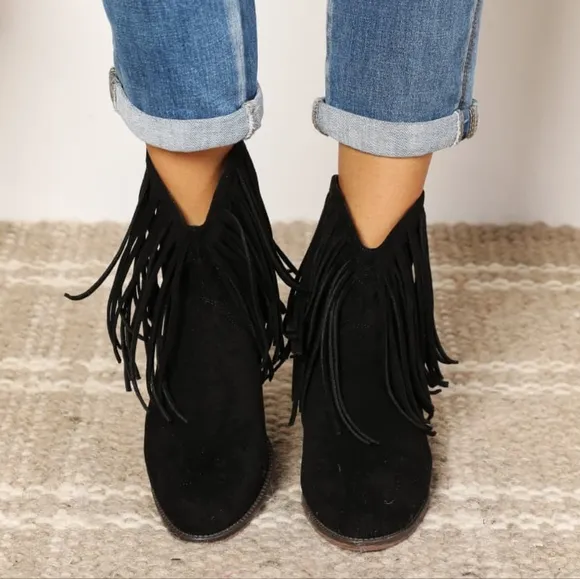 Western Fusion Fringe Ankle Boots - Black