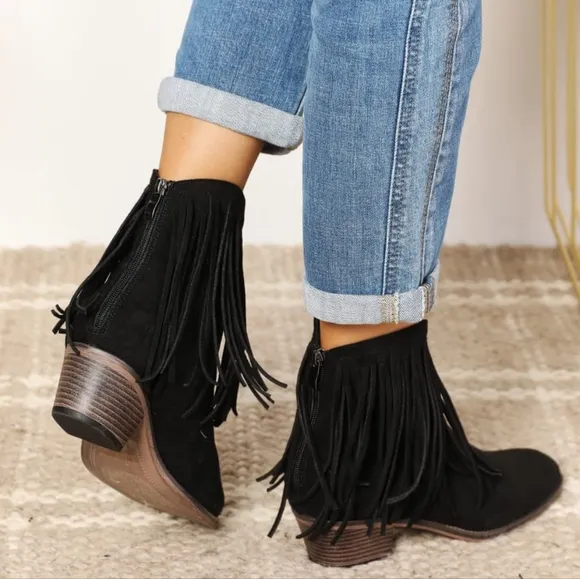 Western Fusion Fringe Ankle Boots - Black
