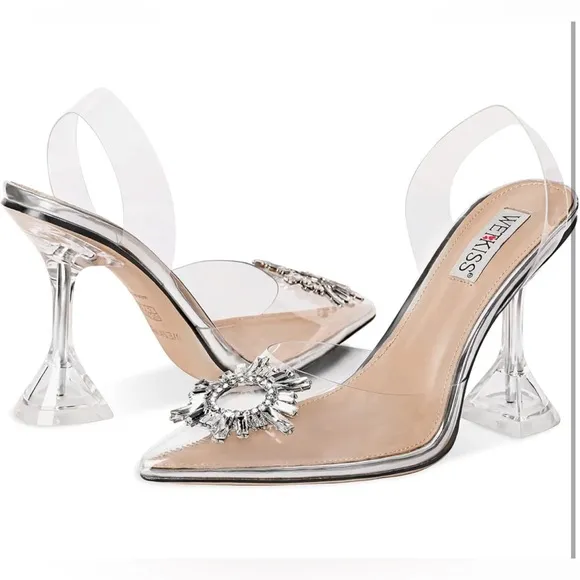 wetkiss Silver Heels Dress Shoes Wedding Shoes for Bride Silver Rhinestone Heels